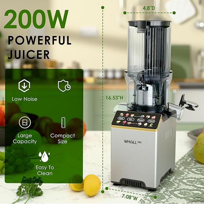 Cold Press Juicer, Touchscreen Juicer Machines with Wide Feed Chute, Stainless Steel Masticating Juicers Easy to Clean, Ergonomic Operational Panel Design, High Juice Yield, Steel