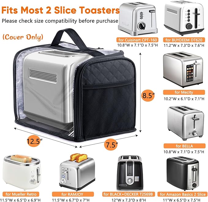 BAGSPRITE Toaster Cover for 2 Slice Wide Slot, Full Open Dust Covers for Kitchen Appliances Compatible with Cuisinart, BELLA, Black and Decker 2 Slices, Toaster Bags with Zipper Closure (Cover Only)