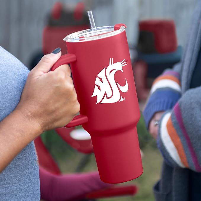 Logo Brands NCAA 40 oz Tumbler with Handle -Stainless Steel Insulated Travel Tumbler with Straw Lid – Powder Coated, Leak-Resistant, Keeps Drinks Hot/Cold – Great for Tailgating, or Everyday Use