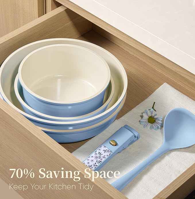 CAROTE 15Pcs Ceramic Cookware Set, Pots and Pans Set Non Stick, Kitchen Cooking Set with Detachable Handle, Non Toxic Induction Cookware, Dishwasher/Oven Safe