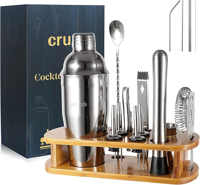 12-Piece Cocktail Shaker Set with Stand – 25oz Bartender Kit Including Shaker Jigger Muddler Bar Spoon Strainer Tongs 4 Pourers & Opener – Gift Box for Home Entertaining