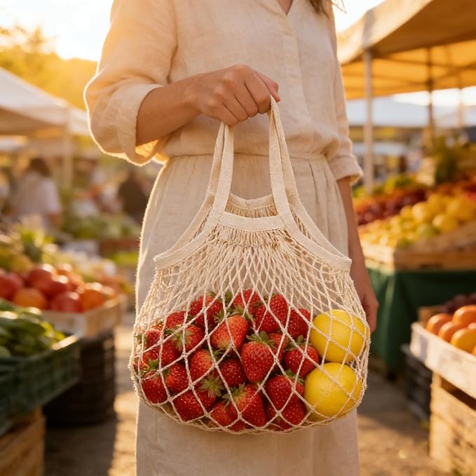 2 Pack Reusable Produce Bags | Mesh Net Washable Long Cotton String Handles for Fruits & Vegetables - Eco-Friendly Breathable Grocery Storage Solution
