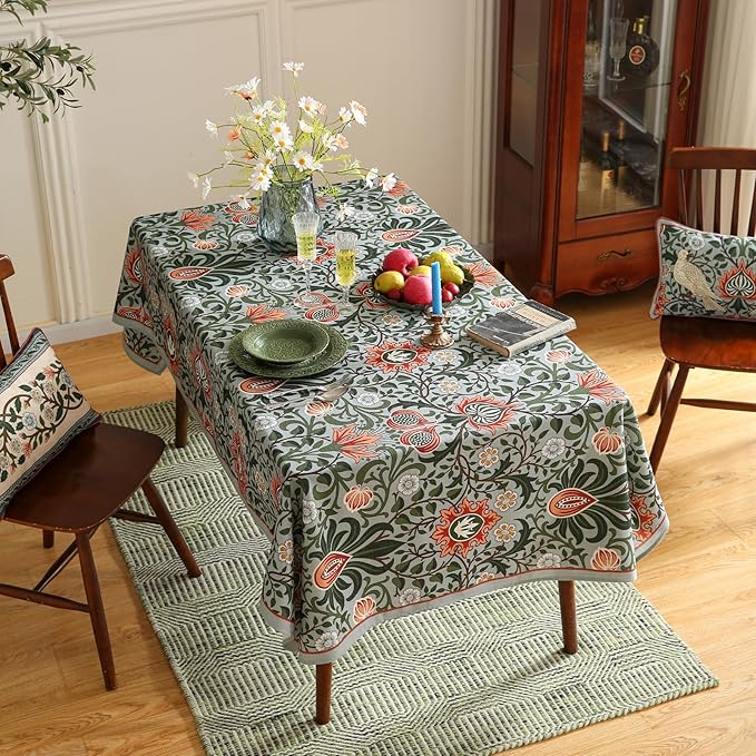 ISAENNE Designer Bohemian Linen Green Table Cloth for Rectangle Table,Floral Indoor Tablecloth,Stain Resistant Decor Tablecloths for Dining Thanksgiving Kitchen Party Christmas,55"*79"-Naples