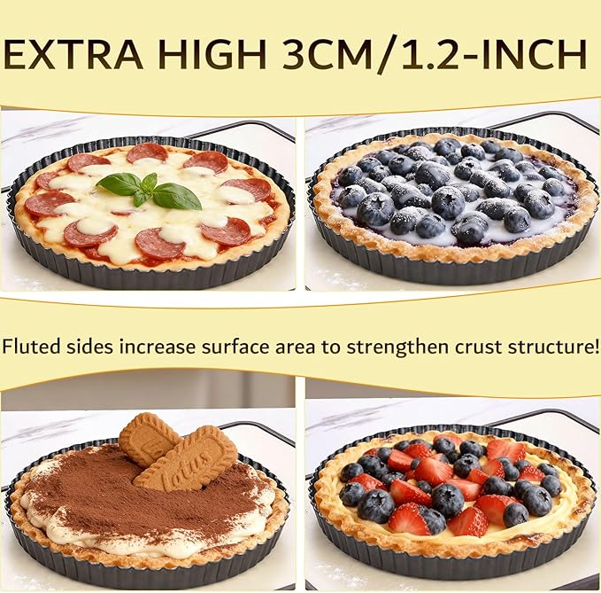 10 Inch Nonstick Tart Pan with Removable Bottom, Carbon Steel Quiche and Pie Pan- 1.1-Inch Depth, Fluted Edges for Baking Tarts, Quiches, Mousse Cakes, and Desserts