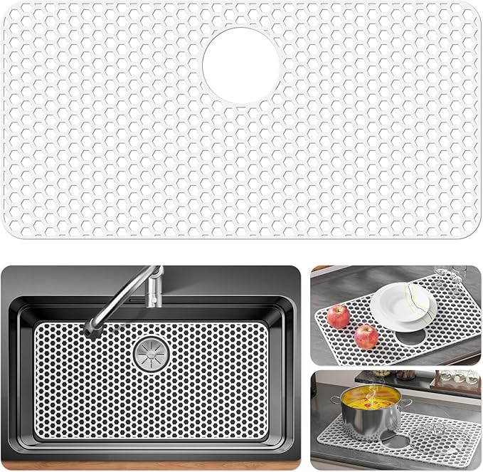 Bestjing Silicone Sink Protectors for Kitchen Sink with Rear Drain - 28.3"x 15.7" Non-Slip Heat Resistant Mat for Bottom of Farmhouse Stainless Steel Porcelain (White)