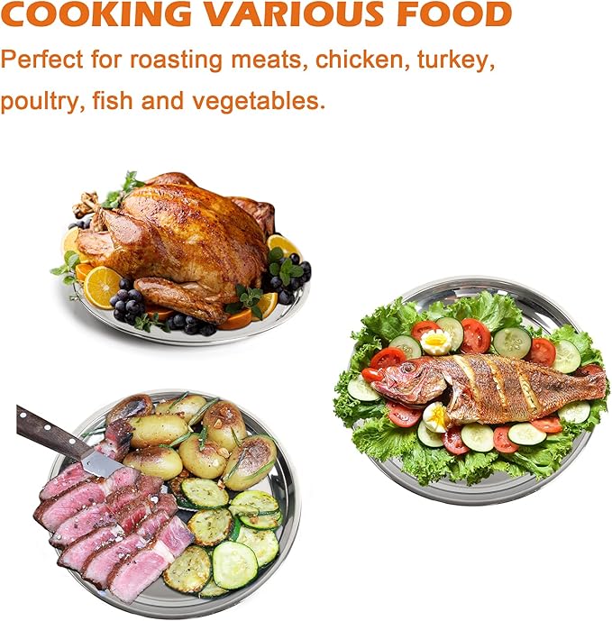 14 In Stainless Steel Roasting Pan, Stainless Steel Heavy Duty Kitchenware Round Roaster Pan Large XLarge Big Size Green Egg Drip Pan for Turkey Baking,Roast Chicken,Brushed Surface & Dishwasher Safe