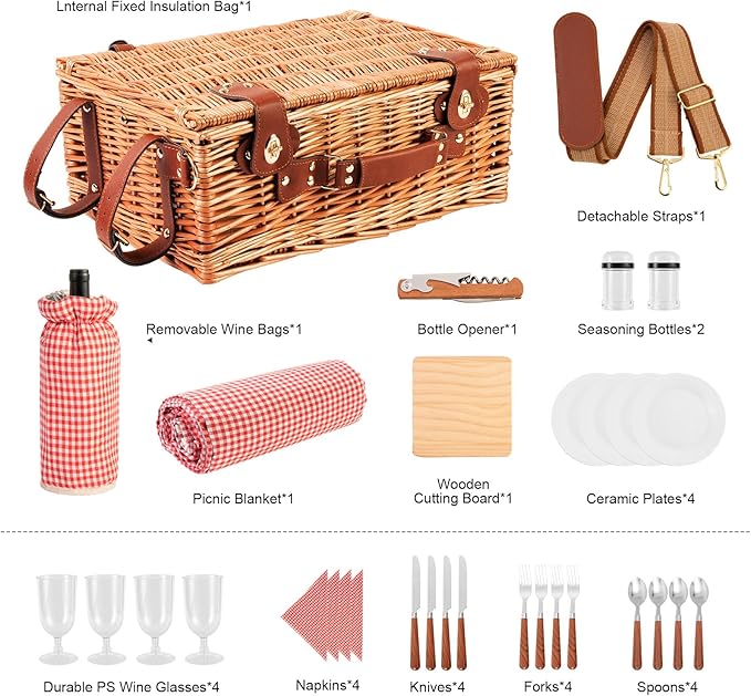 Wicker Picnic Basket Set for 4 Person with Cooler Compartment and Waterproof Picnic Blanket,Removable Strap,Wine Bag,Cutlery Set,for Camping,Day Travel,Beach,Hiking,BBQ and Family/Couples Gifts (Red)