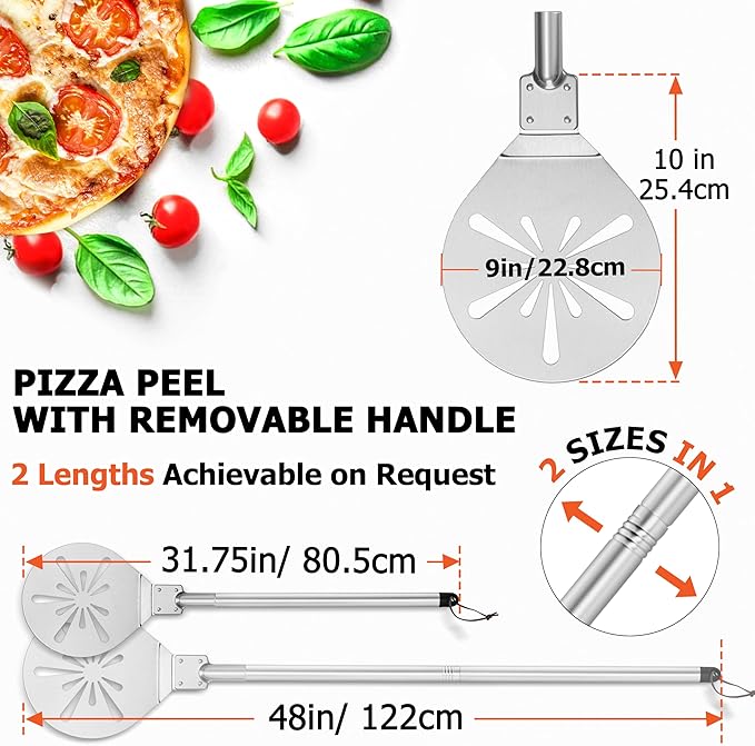 9 Inch Pizza Peel Turning, Joyfair Perforated Pizza Turner with Long Detachable Handle, Stainless Steel Spatula Paddle for Rotating Sliding, Metal Tools Oven Accessories, Easy Cleanup (SS Handle)