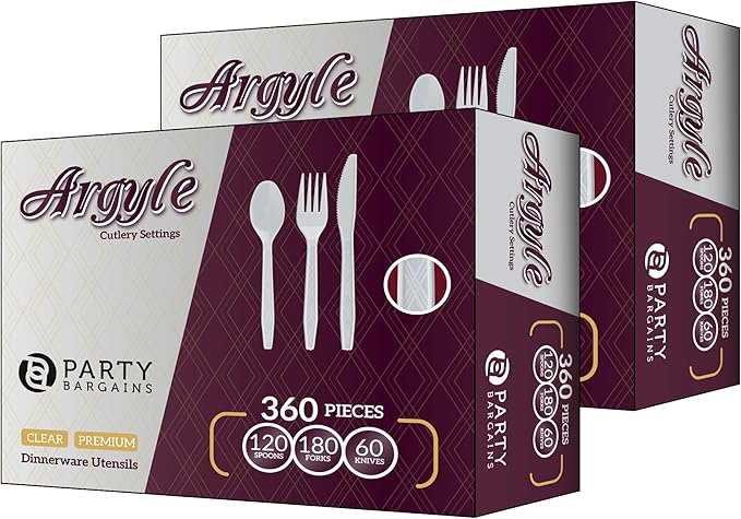 Party Bargains White Plastic Cutlery 720 pcs: 360 Forks, 240 Spoons, 120 Knives. Argyle Design, Heavy Duty & Solid Disposable Silverware Utensils Combo Pack Set for Weddings, Buffets, Luncheons