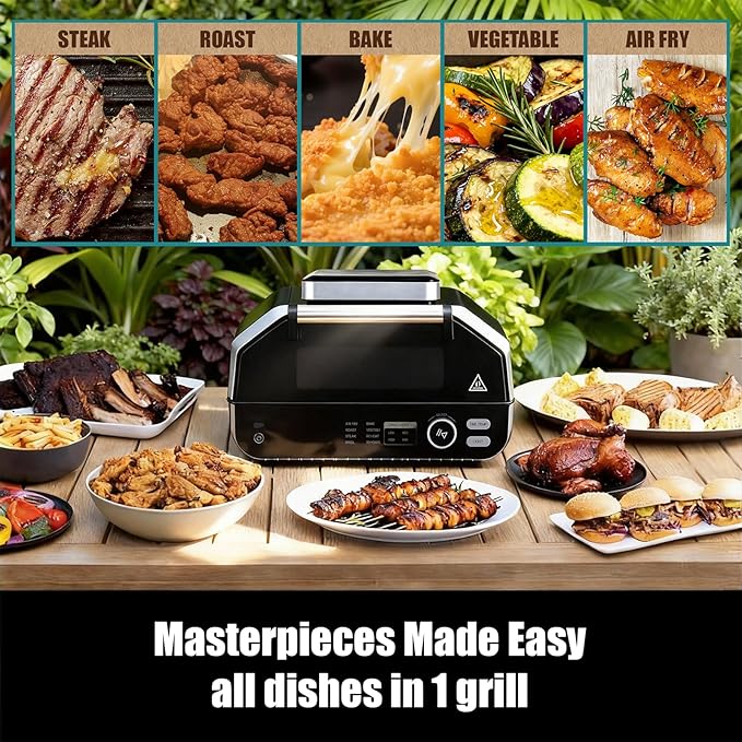 NEWBULIG Electric Grill Outdoor, Electric 8-in-1 BBQ Grills with Air Fryer, Roast, Steak, Broil, Bake, Vegetables, Reheat, Dehydrate, 140°F-450°F, 1550W, for Barbecue, Camping Gatherings