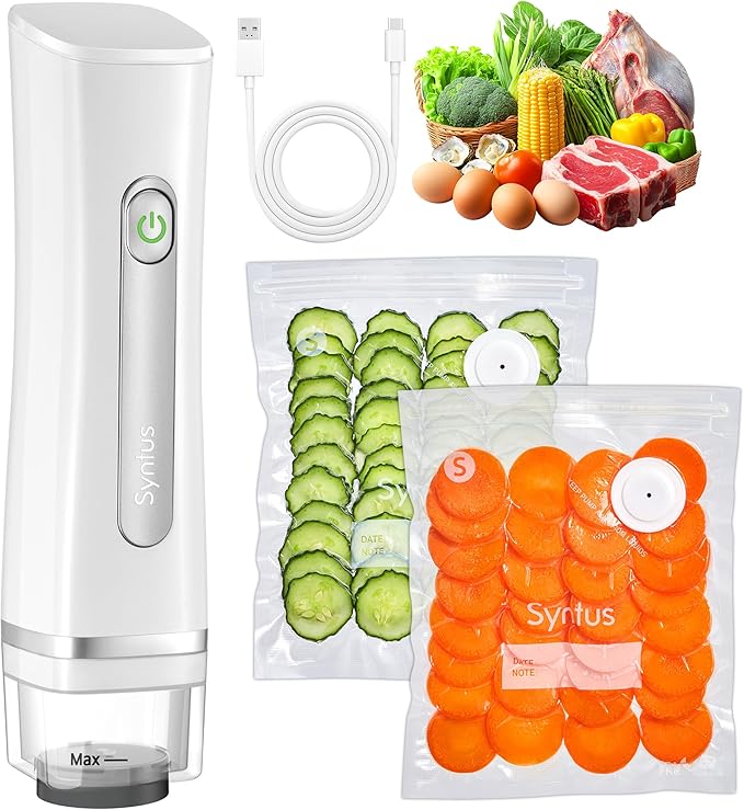 Syntus Vacuum Sealer Bags for Food, Food Storage Bags for Sous Vide Cooking Microwave Heating, Air Valve Zipper Bags & Zip Clips, 30 Bags (S+M+L) + 1 White Vacuum Sealer