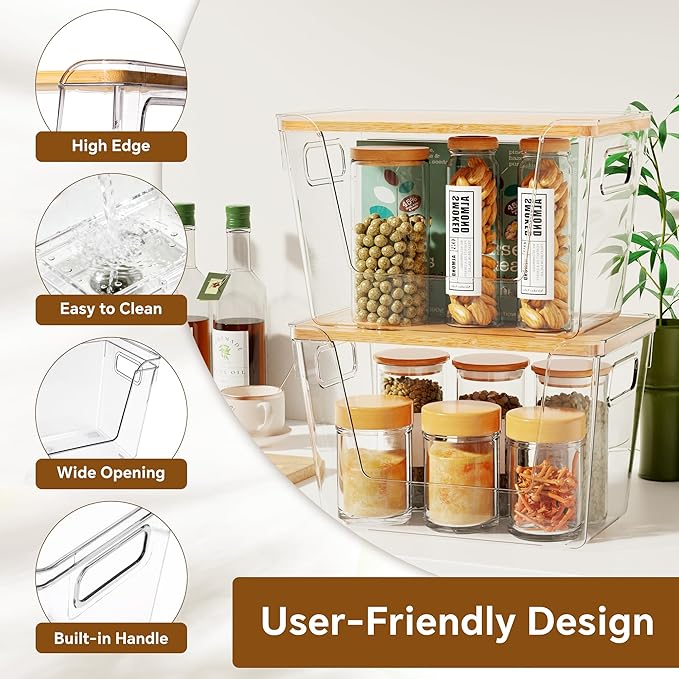 Criusia 3 Set Pantry Organizers and Storage with Bamboo Lids, Stackable Clear Bins for Onion, Potato, Fruit, Vegetables, Trash Bag Dispenser, Kitchen and Under Sink Organizer