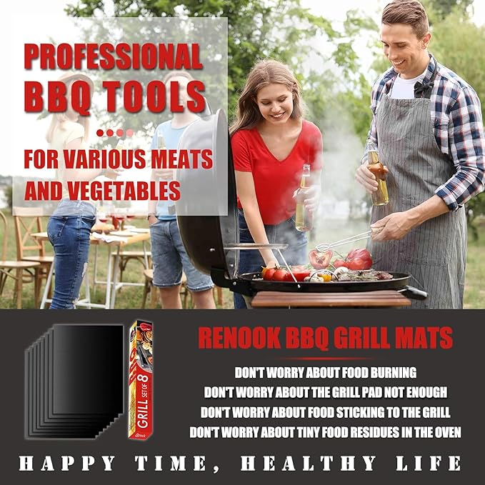 Renook Grill Mats for Outdoor Grill, Set of 8 BBQ Grilling Mat for Outdoor Gas Grill Cooking,15.75 X 13 Inch, Black