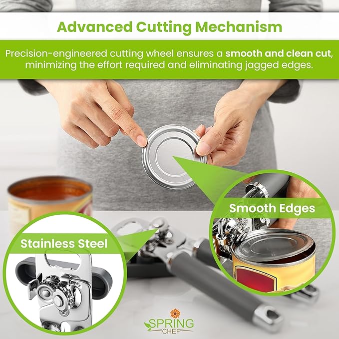Spring Chef Stainless Steel Can Opener - Manual with Soft Grip Handles, Easy Turn, Heavy Duty Hand Can Openers for Seniors with Smooth Edge - Magnetic Lid Remover - Gray