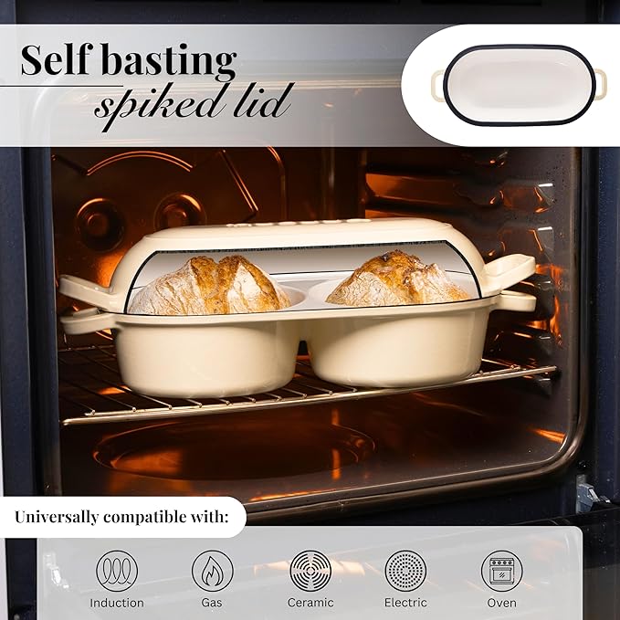 Dutch Oven For Sourdough Bread Baking – Enamelled Cast Iron Bread Loaf Pot – 500°F Oven Safe Non Stick Bread Pot – Double Round Loaf Space, 16.5cm Diameter, Cream, – by Nuovva
