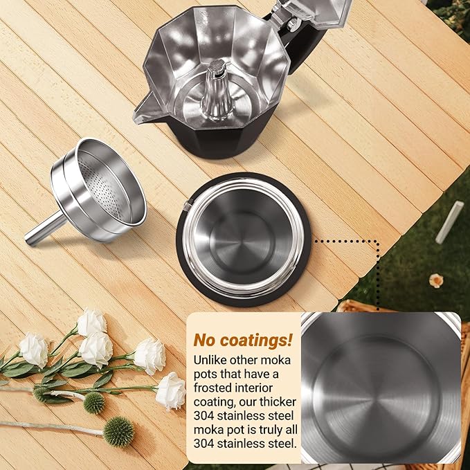 No Coating 6 Cup Aluminum and Stainless Steel Moka Pot Stovetop Espresso Maker Italian Coffee Machine 350ml 11.84oz Suitable for Gas Induction Stovetop Greca Coffee Maker Percolator Black