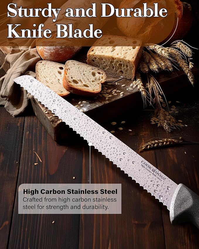 Cook N Home Bread Slicer Knife 10-Inch, Wavy Serrated High Carbon Stainless Steel Sharp Kitchen Knife, Ergonomic Handle, Black