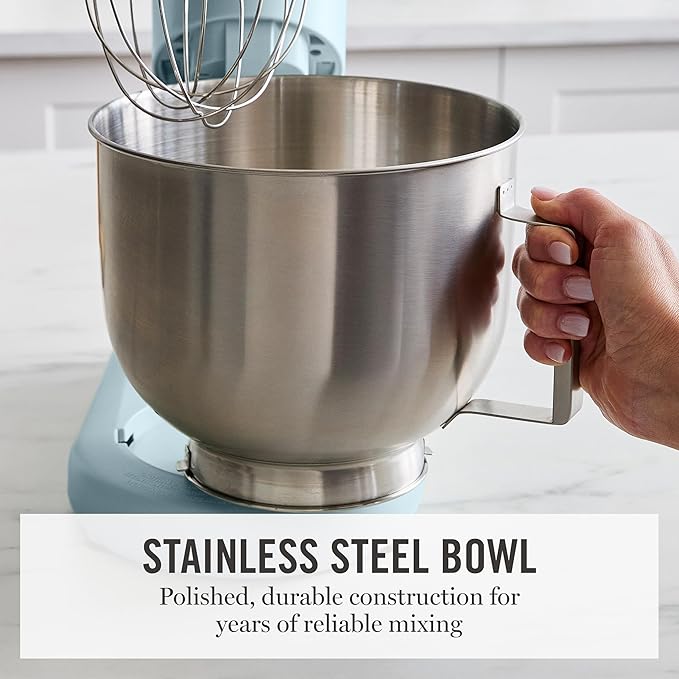 Martha Stewart Tilt-Head Stand Mixer, 12 Speed, 5.3QT Stainless Steel Bowl, Splash Guard with Pour Chute, Whisk, Dough Hook, Flat Beater, Electric Kitchen Baking Mixer, Bread, Cake, Whip, Sky Blue