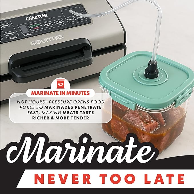 Gourmia Vacuum Sealer – Food Preservation System with Marinate Mode and Vacuum Hose, Pulse Control, LED Display, Built-In Cutter, Gentle & Normal Vacuum Options, Stainless Steel