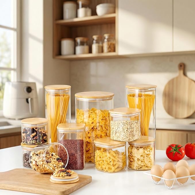 HomArtist 27oz - 4 Pack Square Glass Jars with Bamboo Lids, Glass Food Storage Containers with Airtight Lids for Kitchen, Air Tight Pantry Storage Containers