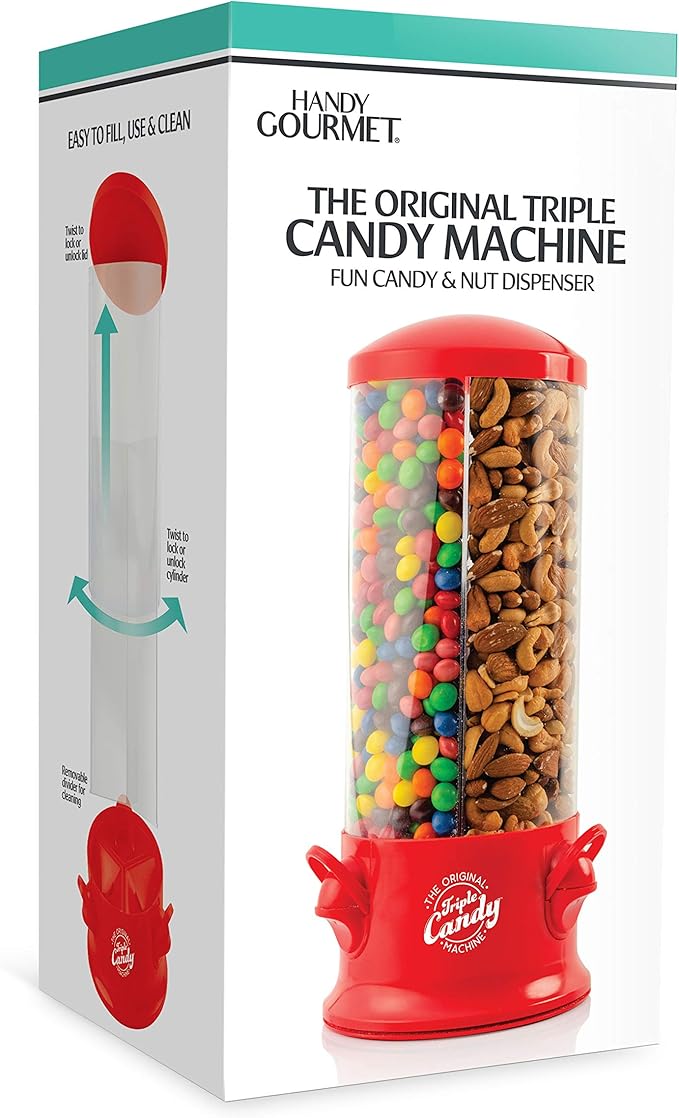 Handy Gourmet The Original Polystyrene Triple Candy Machine - Fun Candy & Nut Dispenser - New & Improved (Red) - 360 Degree and 3 Compartments