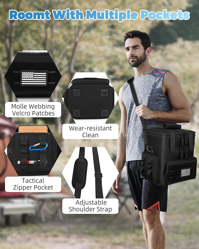 holuxer Tactical Lunch Bag & Lunch Box for Men - Large Double Deck Expandable Insulated Soft Adult Lunchbox for Work - Cooler Bag for Beach, Picnic, Camping,Outdoor，Travel (Black,23L)