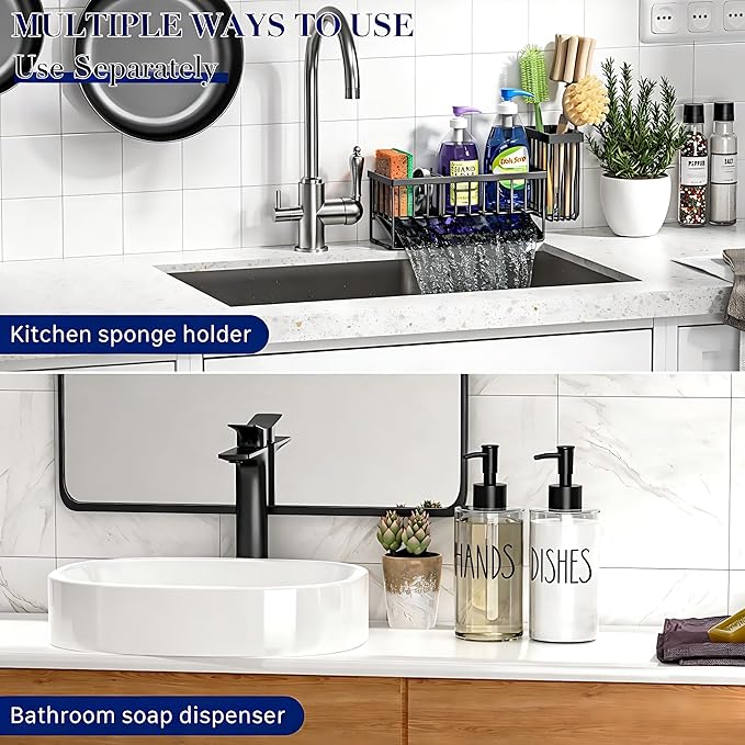 MASADI Kitchen Sink Caddy with Dish Soap Dispenser Set, 12OZ Glass Bottle, Hand and Dish Soap Dispenser Set, Non-Slip Silicone Pad, Brush Holder, Kitchen Sink Organizer Countertop (Black+Clear)