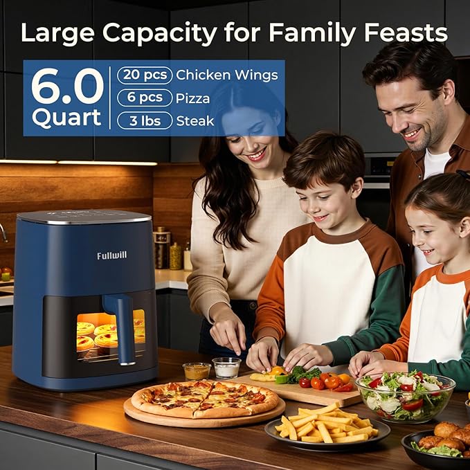Fullwill 6QT Air Fryer with Viewing Window,12-in-1 Multi-Function Air Fry,Roast,Bake, Dehydrate, Fries,Nonstick and Dishwasher-Safe Basket,Family&friends Party,Max 400℉ Crisping 1700W,Blue