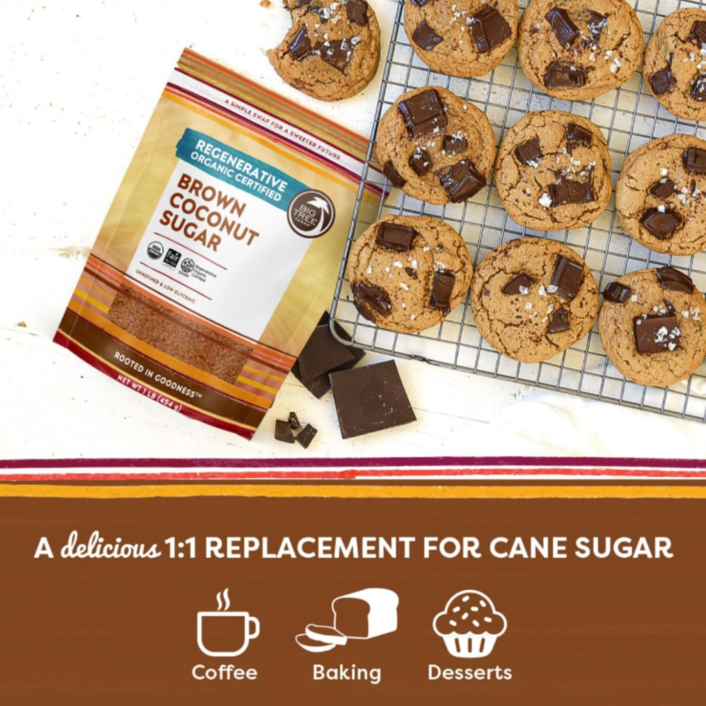 Big Tree Farms Organic Brown Coconut Sugar - Coconut Palm Sugar, Unrefined, Fine Crystals, Cane Sugar Replacement, Coconut Blossom Nectar, Vegan, Perfect for Baking - 1 Pound (Pack of 1)