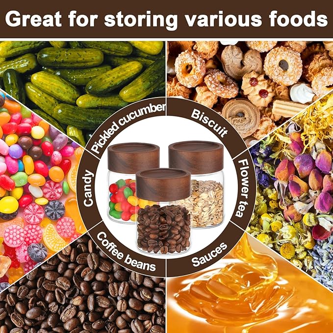 5oz Glass Jars with Wood Lids, 2 Pack 160ml Clear Glass Mason Jars with Airtight Wooden Lids, Screw Top Coffee Canister, Kitchen Pantry Storage Containers for Sugar, Spice, Tea, Candy, Nuts
