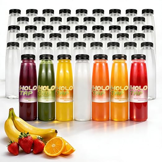 Holotap 48 Pack Empty PET Plastic Juice Bottles 8 OZ Clear Disposable Bulk Plastic Bottles for Liquids with Black Tamper Evident Caps (8 OZ, Black)