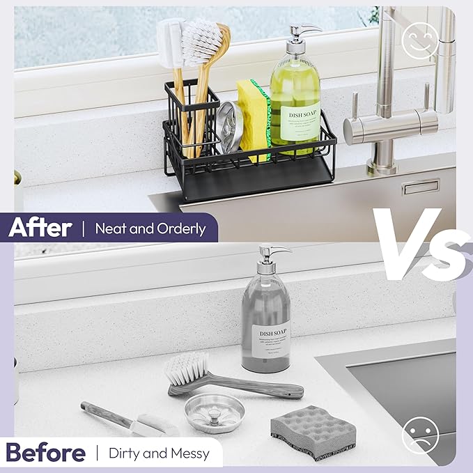 SWTYMIKI Sink Caddy Sponge Holder - Kitchen Sink Organizer with Stainless Steel Self Drain Tray & High Brush Holder for Countertop to Hold Dish Soaps and Sponges, Stainless Steel, Black