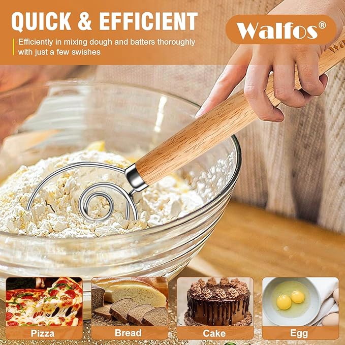 Walfos Wood Danish Dough Whisk, Wooden Sourdough Mixer With Stainless Steel Ring, Kitchen Hand Bread Whisking Tool for Cake, Pizza, Pastry, Biscuits