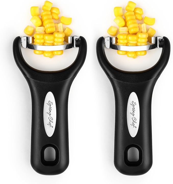 Spring Chef Stainless Steel Corn Peeler – Corn on the Cob Stripper Tool – Durable & Efficient Kernel Remover Tool – Easy to Use Kernel Cutter - Dishwasher Safe Kitchen Gadget - Set of 2 - Black