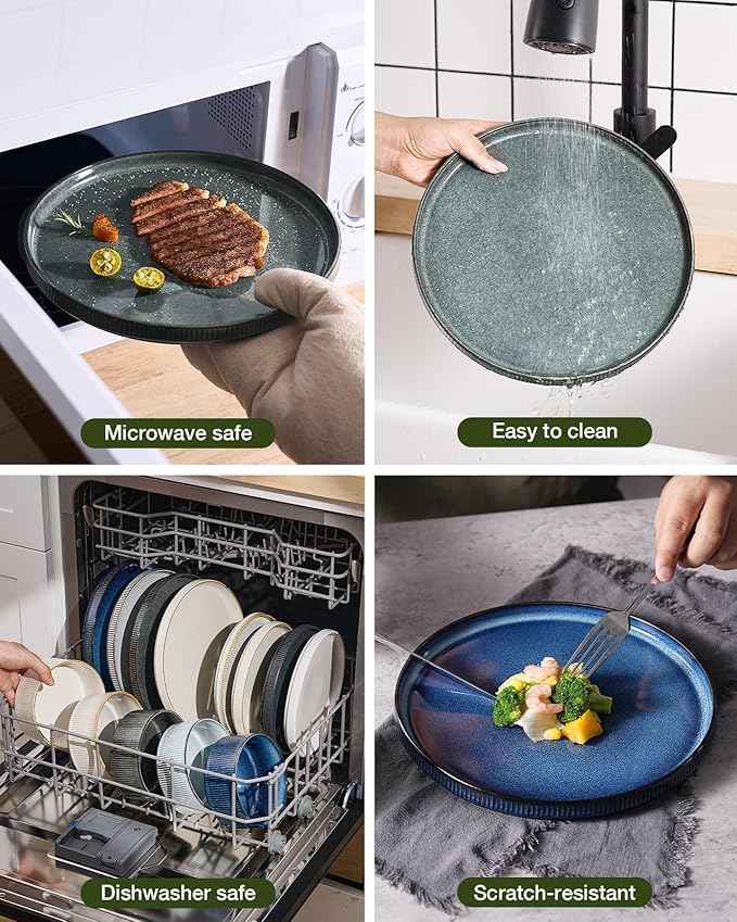 Famiware Star Stoneware Dinnerware Sets for 6 (24pcs), Chip and Scratch Resistant, Microwave & Dishwasher Safe Complete Dishes, Pasta Bowl, Cereal Bowl, Dinner Plate, Salad Plate, Ribbed, Deep Forest