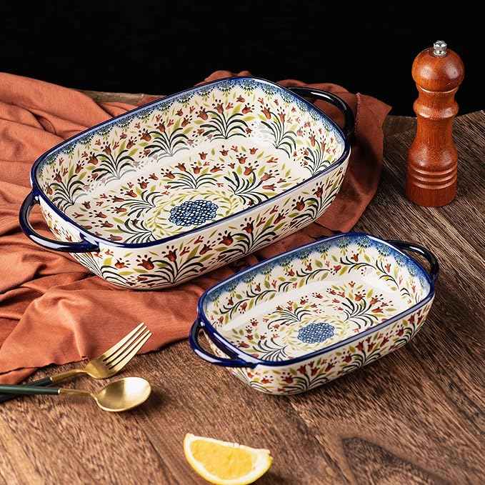 Baking Dish Ceramic Baking Pan Blue Casserole Dish Rectangular Baking Set 2pcs Bakeware Sets Single Serving Size Lasagna Pan Baking Dishes for oven (The tulip)