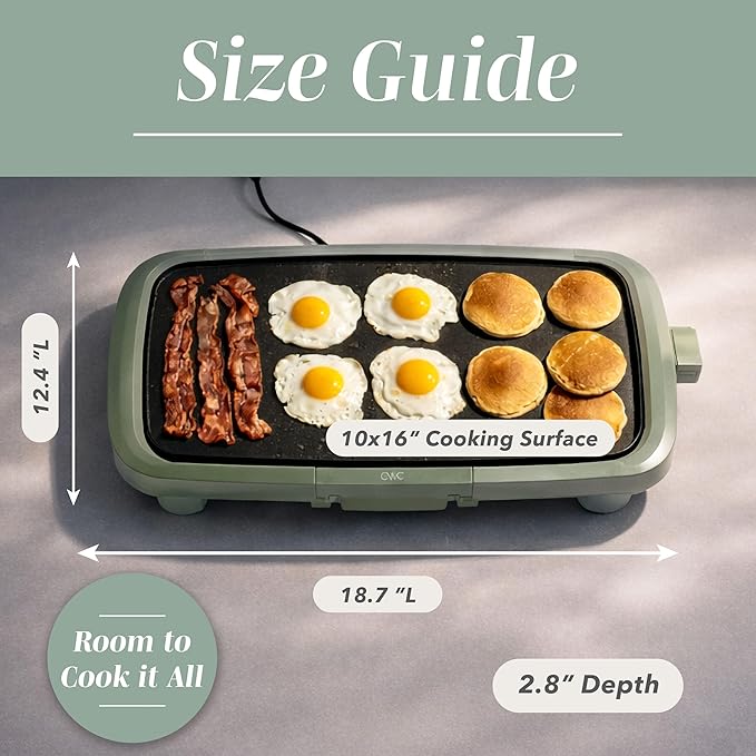 COOK WITH COLOR Electric Griddle 1200W, Nonstick Surface for Pancakes, Burgers, Eggs & More, Removable Temperature Control, Slide-Out Drip Tray, 10" x 16" Cooking Area, Dark Sage