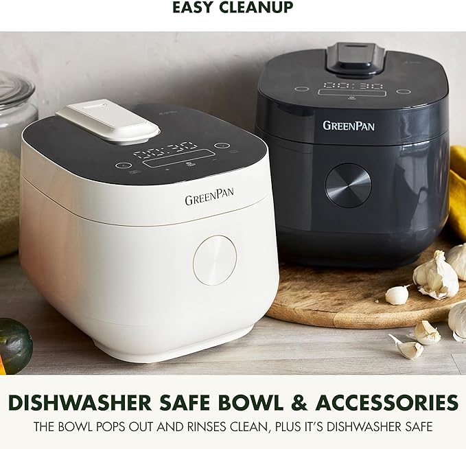 GreenPan Rice Cooker, 8 Cups Cooked (4 Uncooked), Low-Carb & Soup Mode,10 ONE-TOUCH Cooking Presets, PFAS-Free Ceramic Steamer Basket, Fuzzy Logic, Auto Keep Warm, Oats, 24HR Delay Timer, Cream