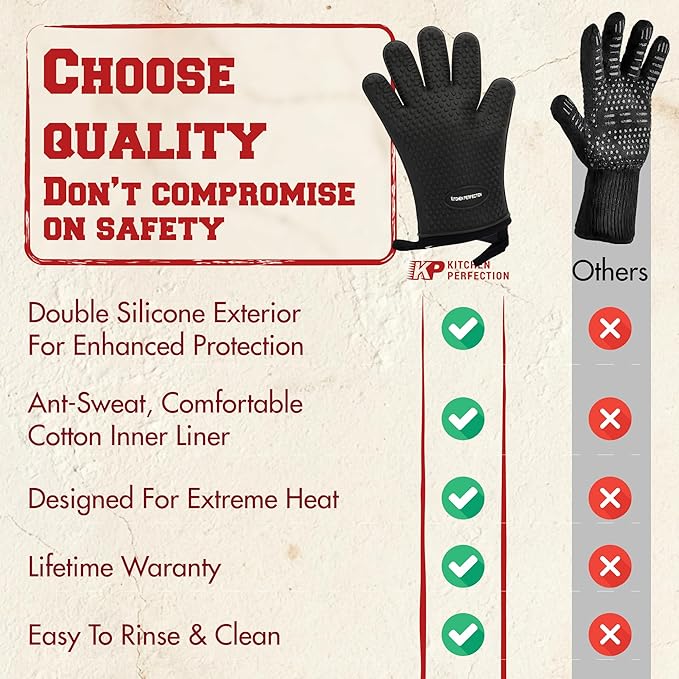 KITCHEN PERFECTION Silicone Oven & Griddle Gloves -Extreme Heat Resistant BBQ & Grilling Gloves -Handle Hot Food Right on Your Griddle |Waterproof Oven Mitts Grill Gloves |Superior Set+3 Bonuses