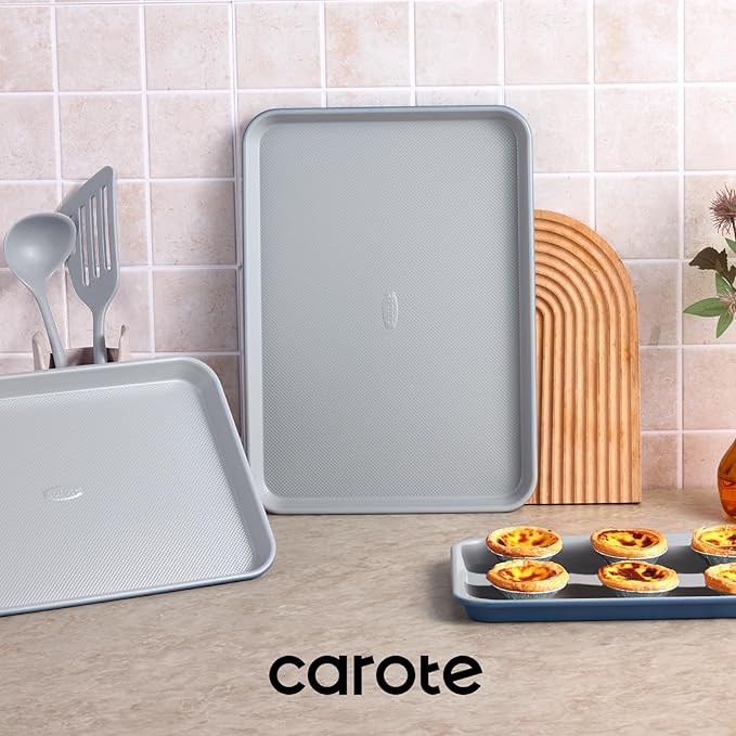 CAROTE 3-Piece Baking Pan Set - Bakeware Set, Baking Sheet Set Including 13 Inch 15 Inch 17 Inch Sheet Pan, Cookie Sheet for Baking, Royal Violet, Blue & Grey