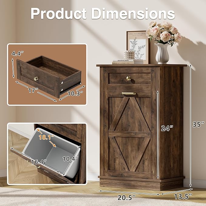 JUMMICO Tilt-Out Trash Can Cabinet, 10 Gallon Laundry Hamper Cabinets with Drawers, for Kitchen, Dining Room and Living Room (Brown, 2 Piece)