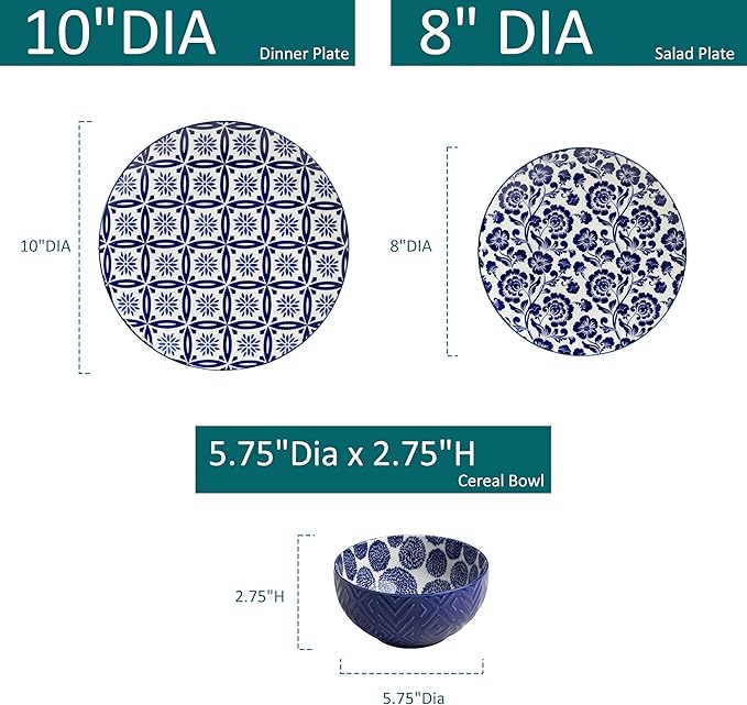 LEHAHA 12 Pieces Modern Porcelain Dinnerware Set，Service for 4, Ceramic Plates and Bowls Sets, Kitchen Dinner, Salad, Dessert Plate and Cereal Bowl Set, Ceramics Dishes Set, Blue and White