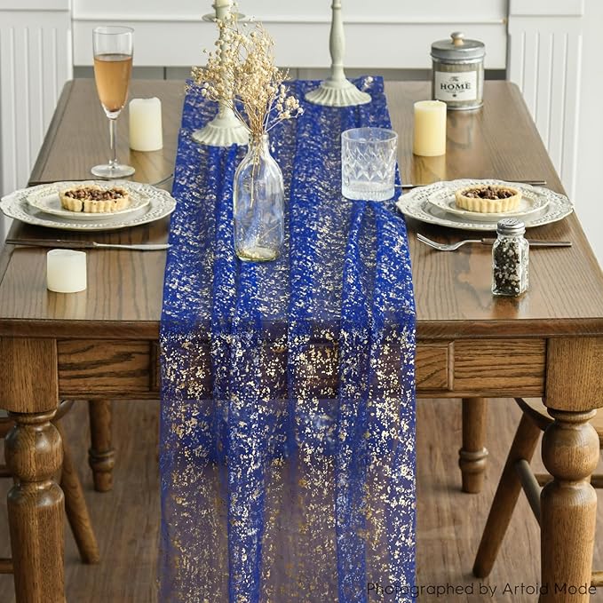 Artoid Mode Blue Gold Gauze Table Runner 120 Inch 10FT, Glitter Metallic Foil Sheer Dining Wedding Anniversary Holiday Table Decor for Home Party