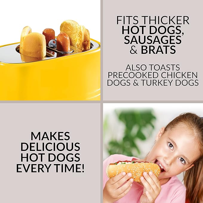 Oscar Mayer 2 Slot Hot Dog and Bun Toaster with Mini Tongs, Hot Dog Toaster Works with Chicken, Turkey, Veggie Links, Sausages and Brats, Yellow