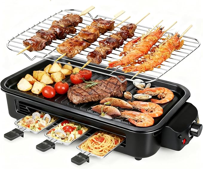 2 in 1 Electric Indoor Grill 1700W - YOHAWJAN Black Smokeless Indoor Grill Pan with Grilling Net & Non-Stick Removable Griddle Plate, Temperature Control Korean BBQ Grill for Kitchen with 3 Cheese Pan