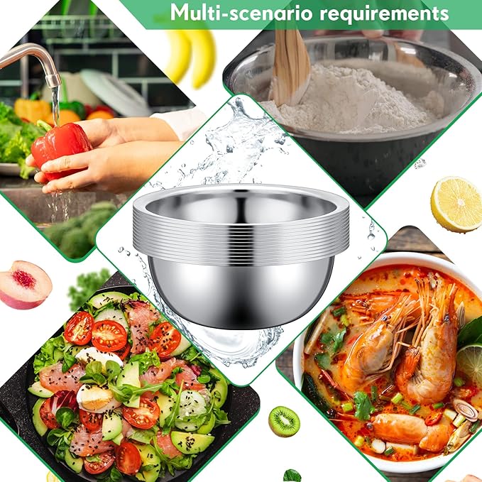 Pinkunn 12 Pcs Stainless Steel Mixing Bowls, Nesting Metal Salad Prep Bowls Bulk Reusable Baking Food Container Large Medium Small for Kitchen Hotel Restaurant Cooking, Silver (11 x 3.54 Inch)