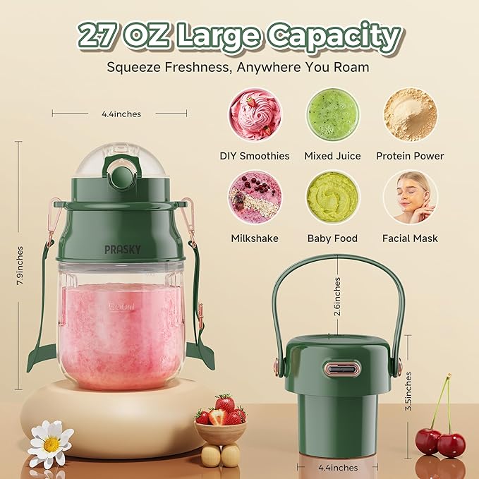 Portable Blender, Personal Blenders for Shakes and Smoothies with 27oz Cup, Lid and Shoulder Strap, Type-C USB Rechargeable, BPA-Free for Gym/Travel/Kitchen (Green)