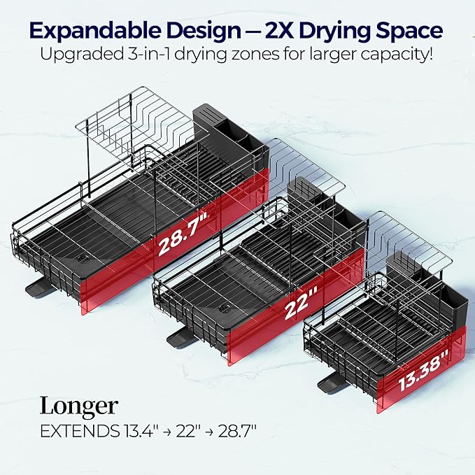 Large Dish Drying Rack, Expandable Dish Rack for Kitchen Counter, Dish Drainer with Drainboard Set, Multifunctional Dishrack with Utensil & Cup Holder, 13.4"-28.7" L x 11.8" W x 9.3" H, Black