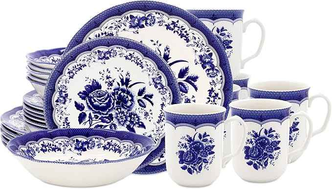 Tudor Royal 24-Piece Porcelain Round Dinnerware Set, Service for 6, Victoria Blue Design, Blue Floral, Plates Bowls Mugs Dishes, Glossy, Premium Quality Tableware, Unique Pattern
