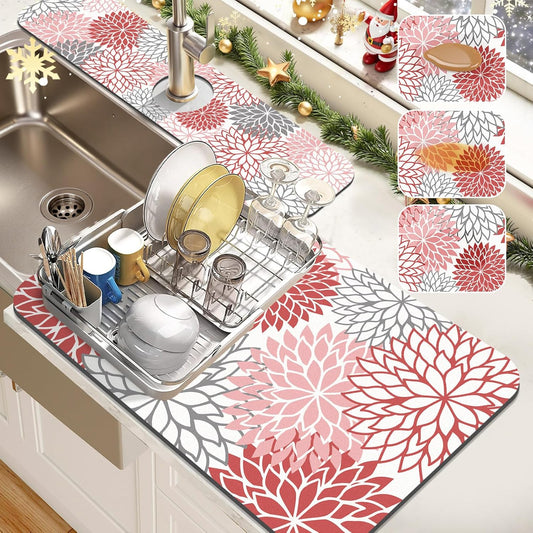Findosom 2PCS 12" x 20" Dish Drying Mat & 24" x 5.5" Sink Splash Guard, Super Absorbent & Cuttable Dish Mat Drying Kitchen Mat with Red Floral, Hide Stain Drying Mat for Kitchen Counter